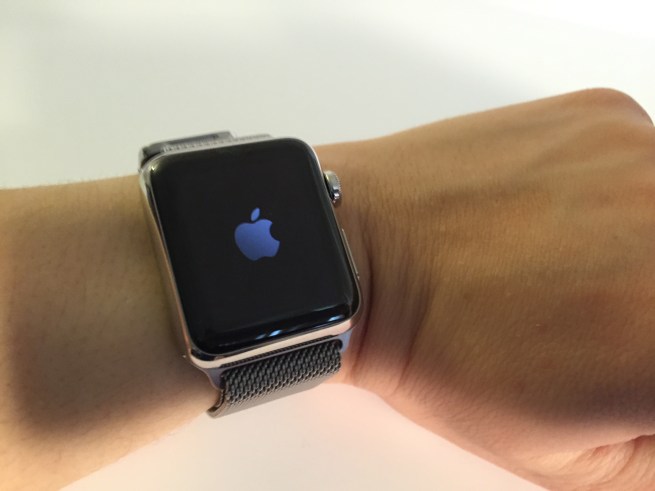 38 mm Milanese Apple Watch powering on