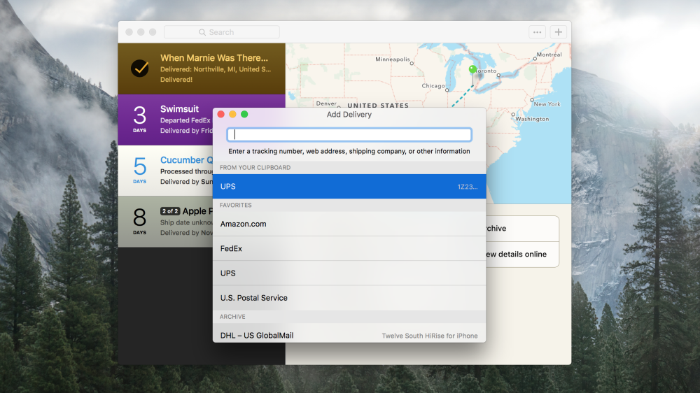 Deliveries for Mac 'Add Delivery' input