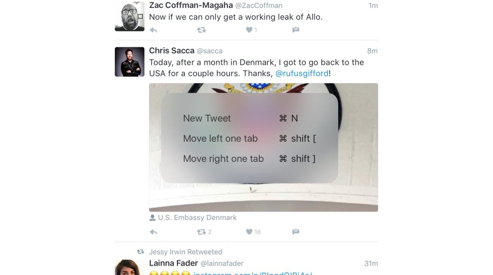 Twitter iPad Keyboard Shortcuts Dialog