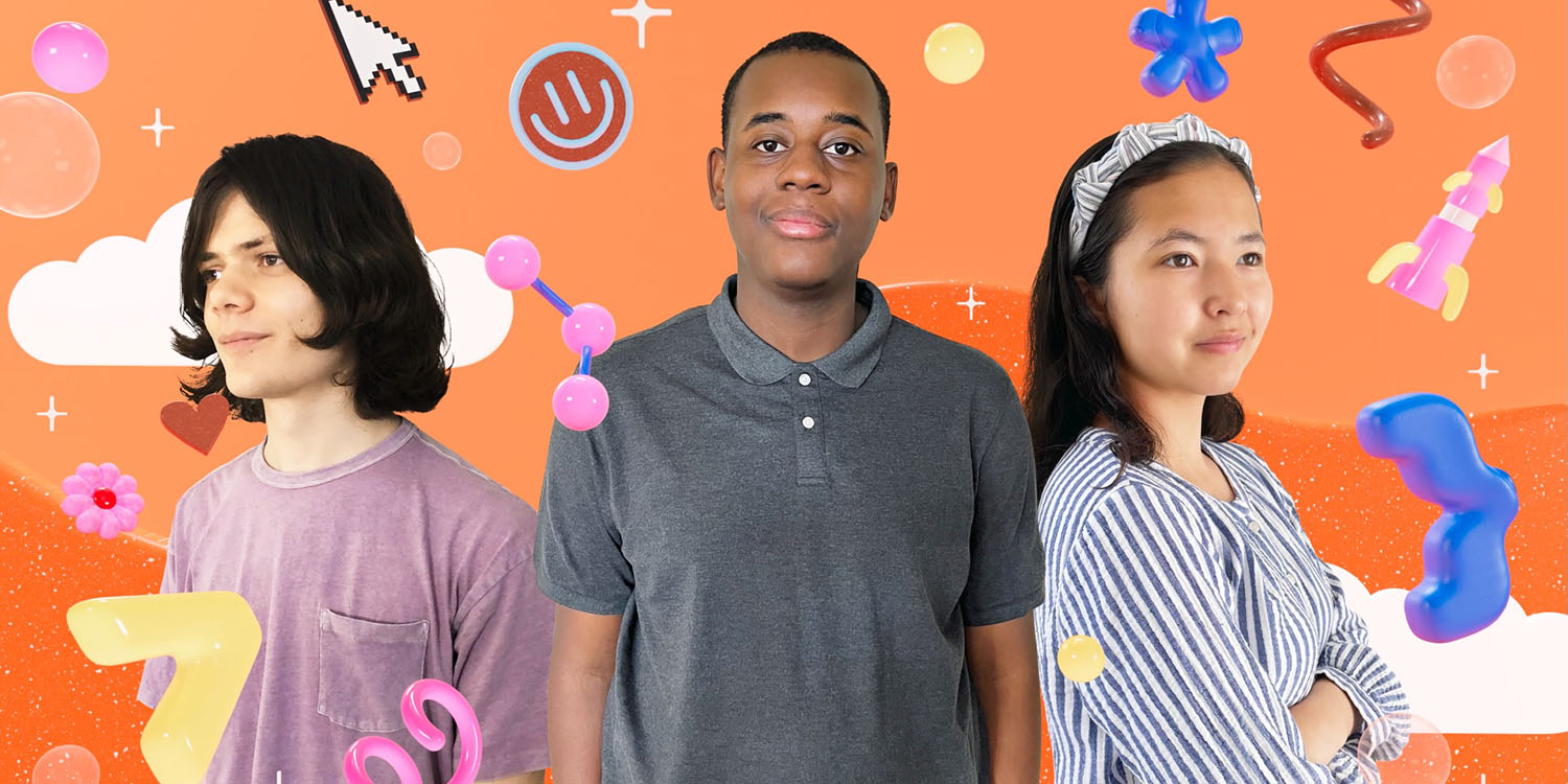 Swift student challenge winners | Composite photo of all three against a funky cartoon-style background