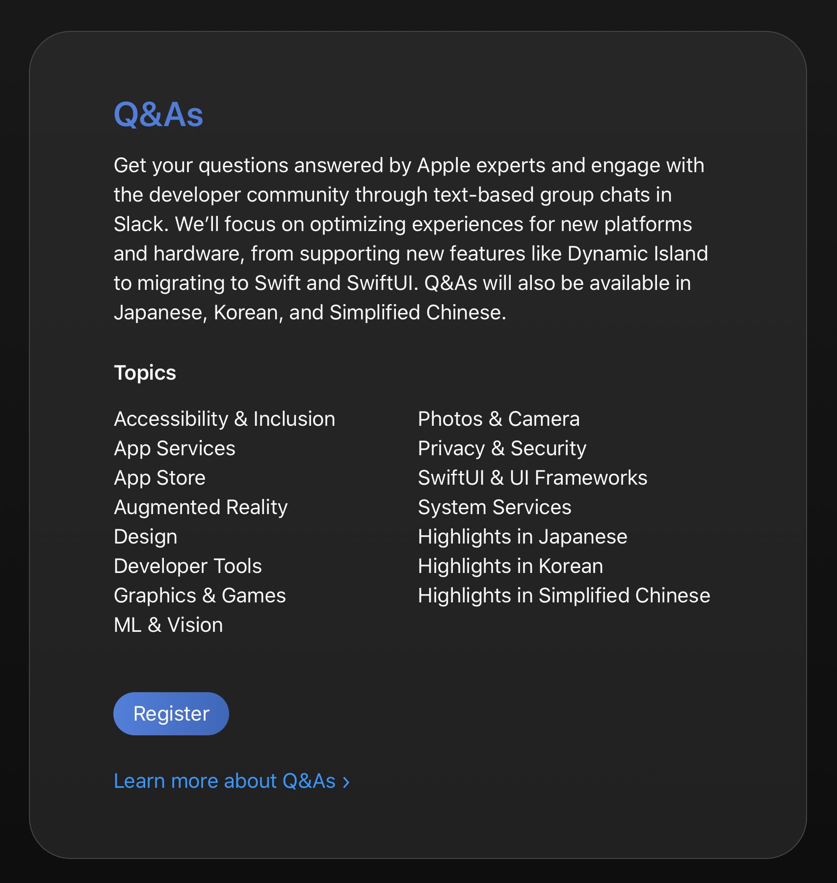Ask Apple Developers Q&A