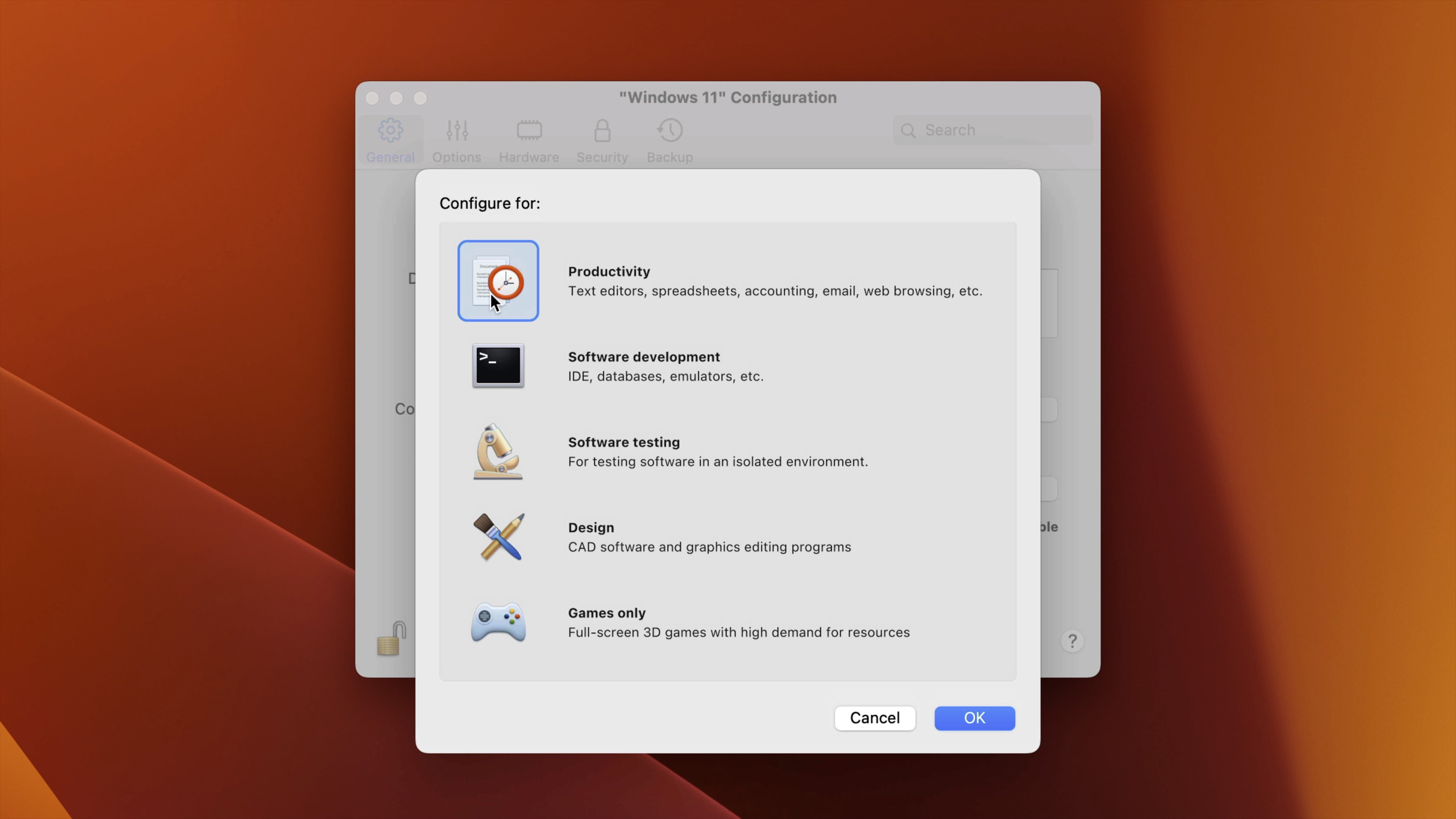 Parallels canned configuration profiles that auto select the best CPU and Memory configurations.