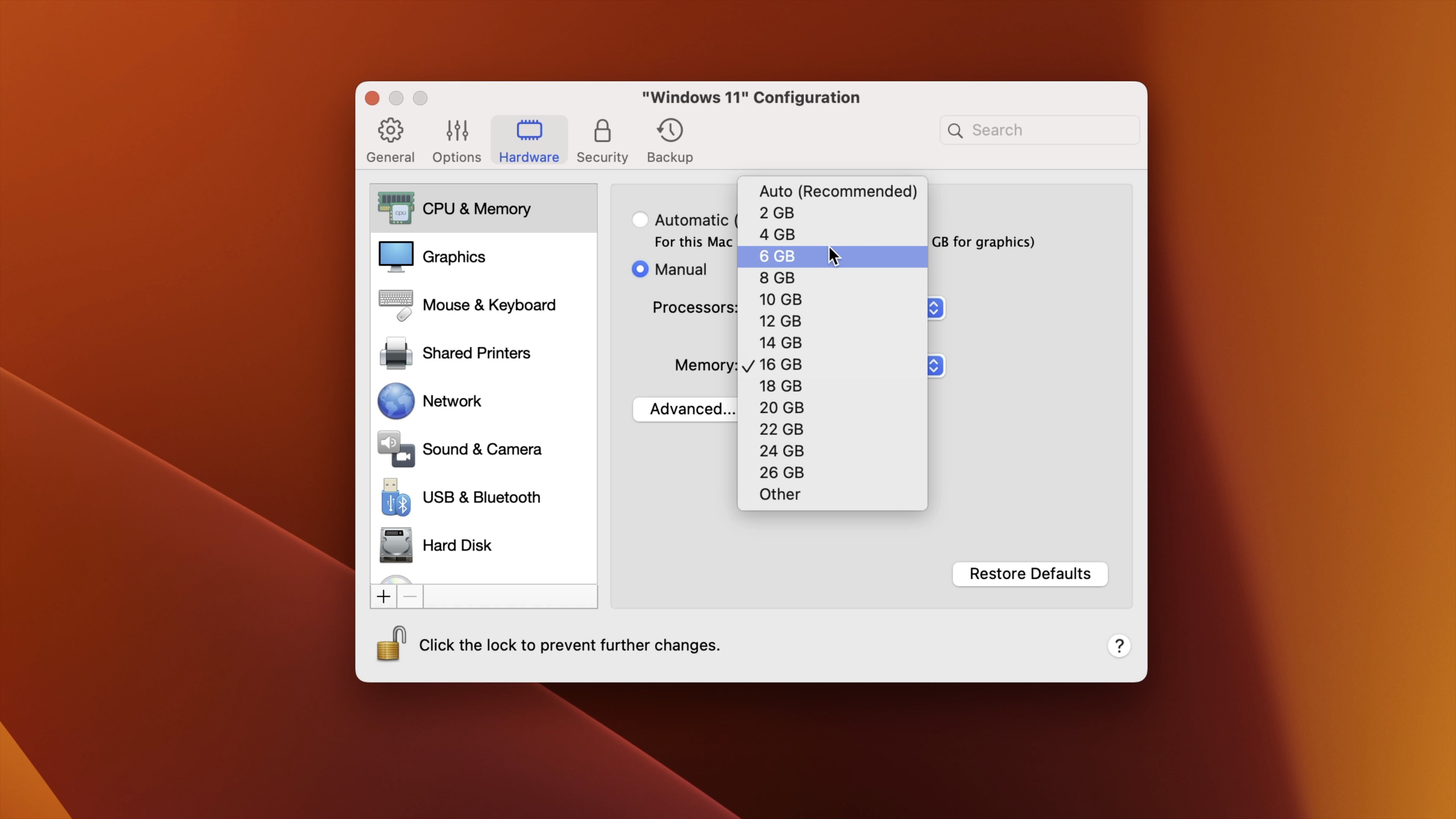 Parallels configuration that lets users self-configure CPU and memory allocations.