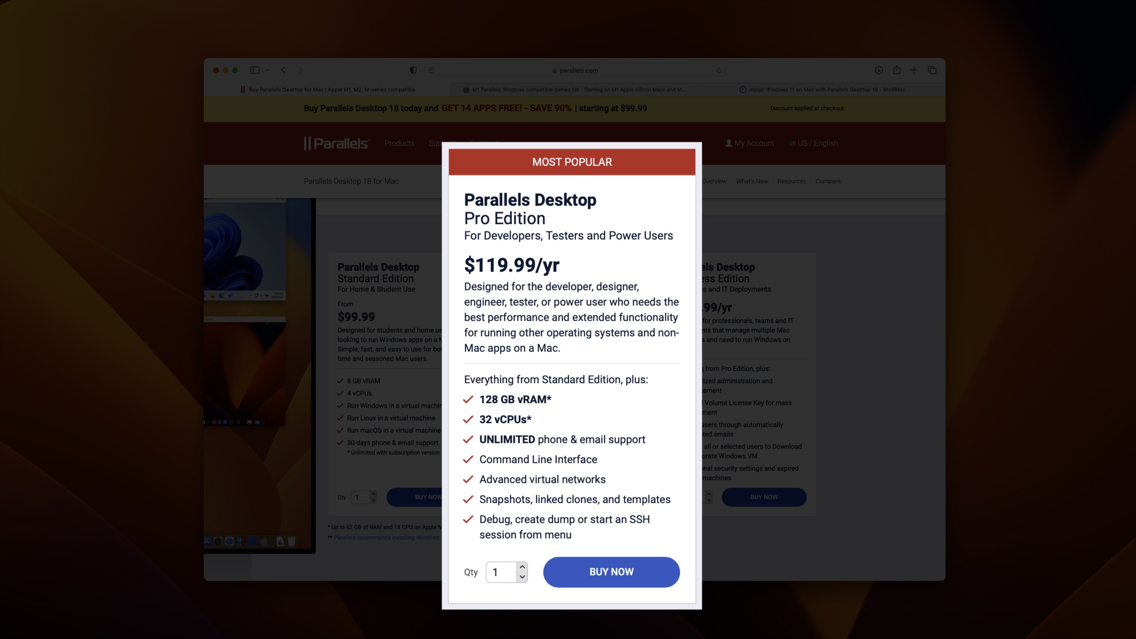 Parallels Desktop Pro Edition yearly pricing details.