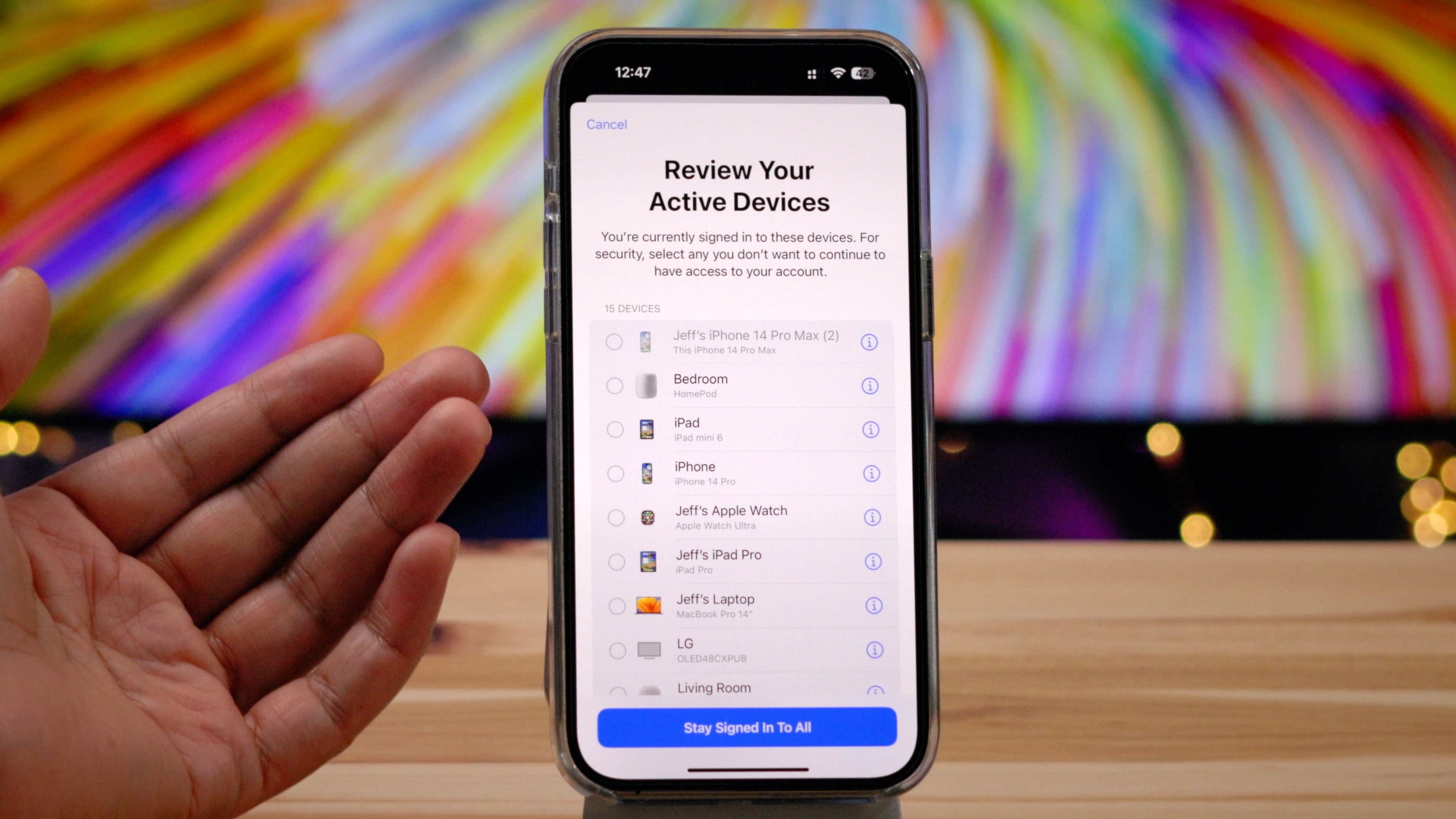 The 'review your active devices' screen, which lets you see signed-in active devices.