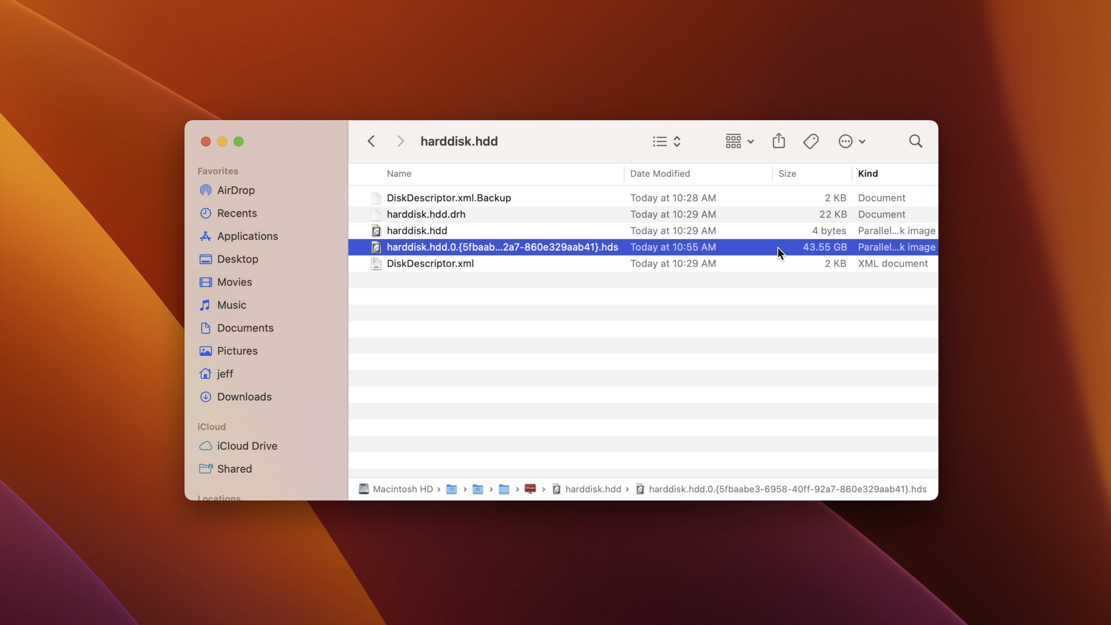The virtual hard disk location for the Windows 11 installation in the macOS user folder.