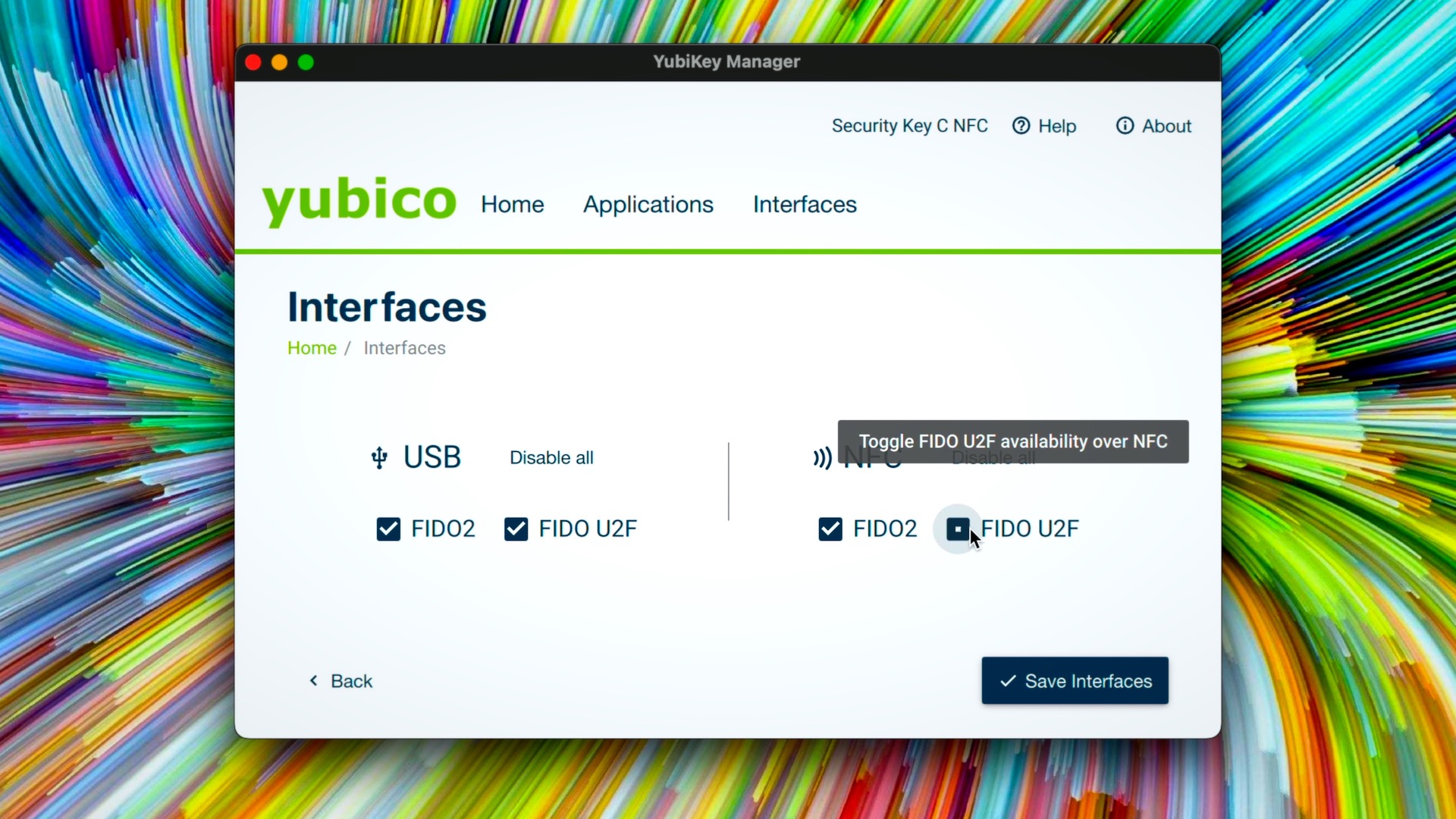 YubiKey Manager utility running on iOS. A look at the interfaces page where you can toggle USB and NFC along with the FIDO2 and FIDO U2F protocols.
