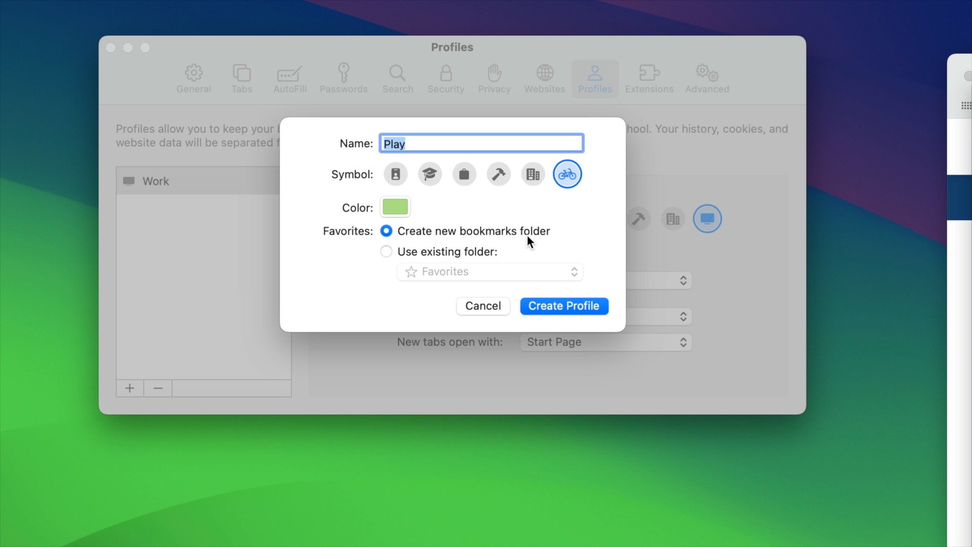 macOS Sonoma creating Safari profile