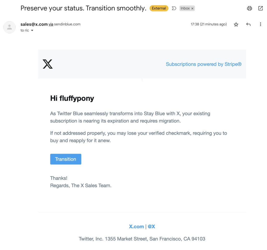 phishing email appearing to be twitter