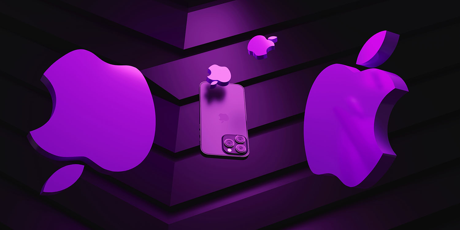 iOS 16.5.1 security exploit | Purple iPhone wallpaper featuring Apple logos and iPhone 14