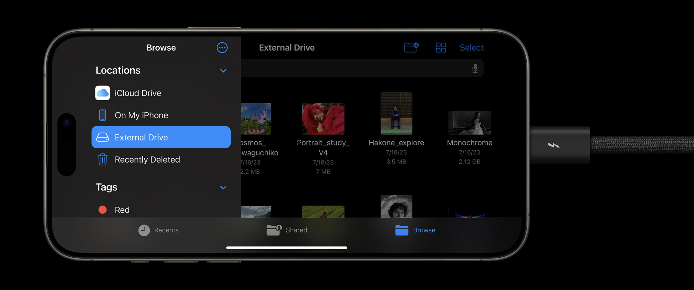 The Files app showing external drive support via USB-C/USB 3
