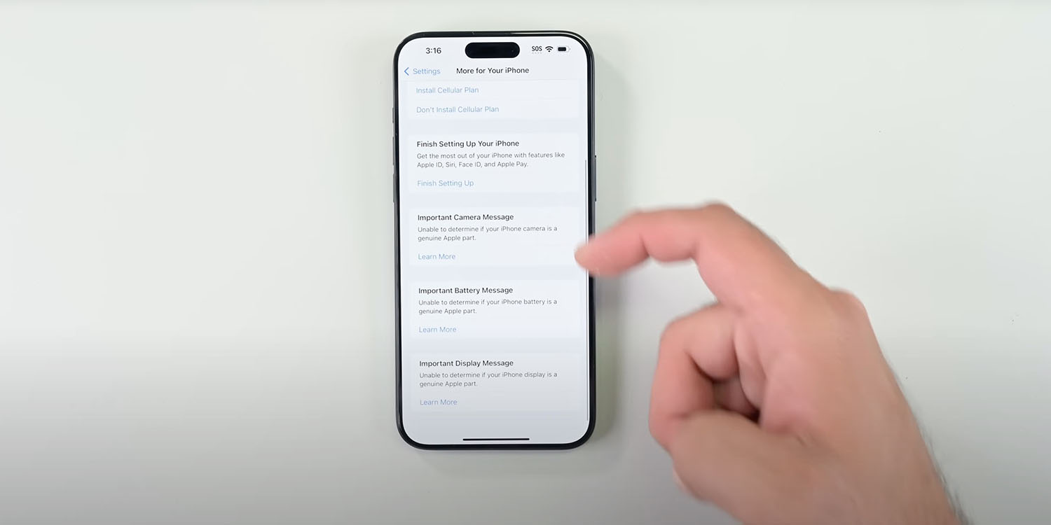 Parts pairing | iPhone 15 Pro Max with component warnings on screen