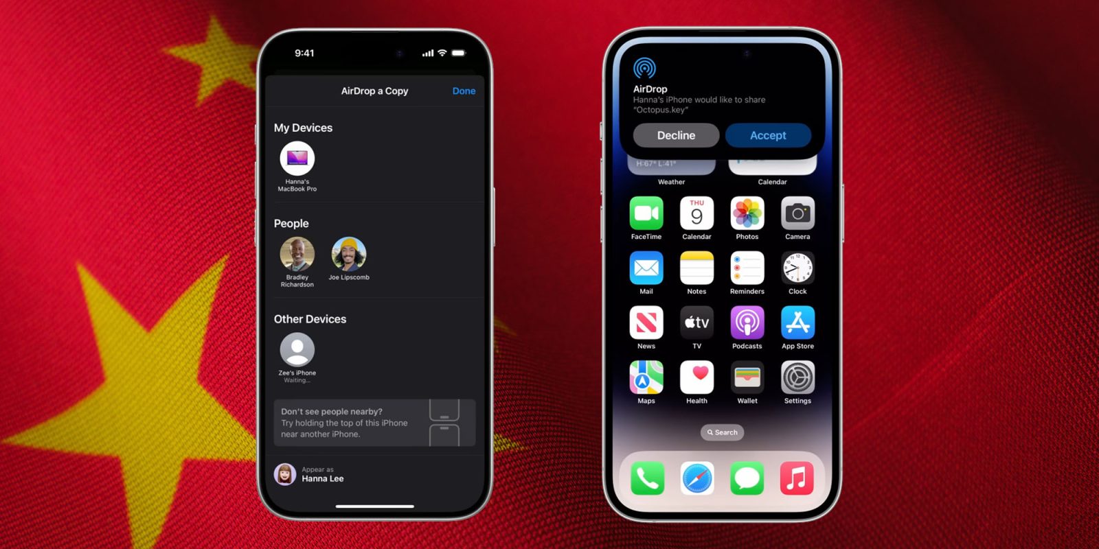 AirDrop cracked by China | AirDrop on two iPhones, against Chinese flag