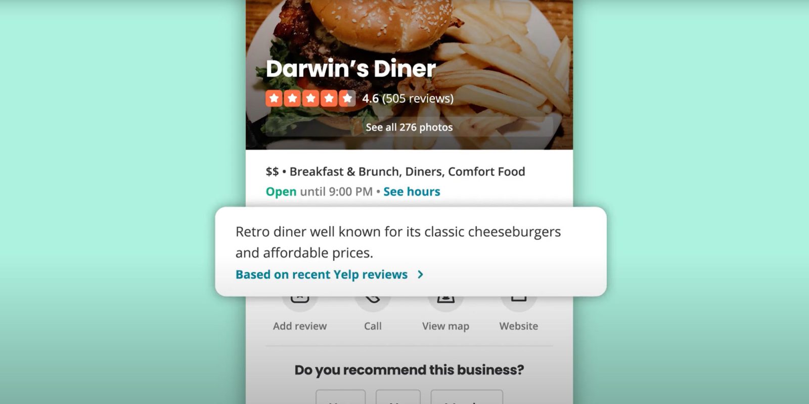 Yelp app now offers AI summaries (screengrab shown)