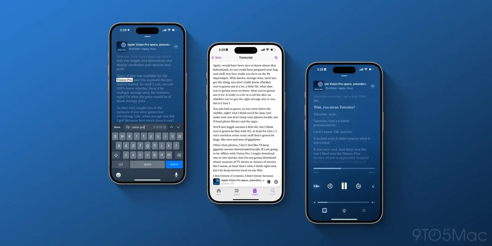 Apple podcast transcription screengrabs
