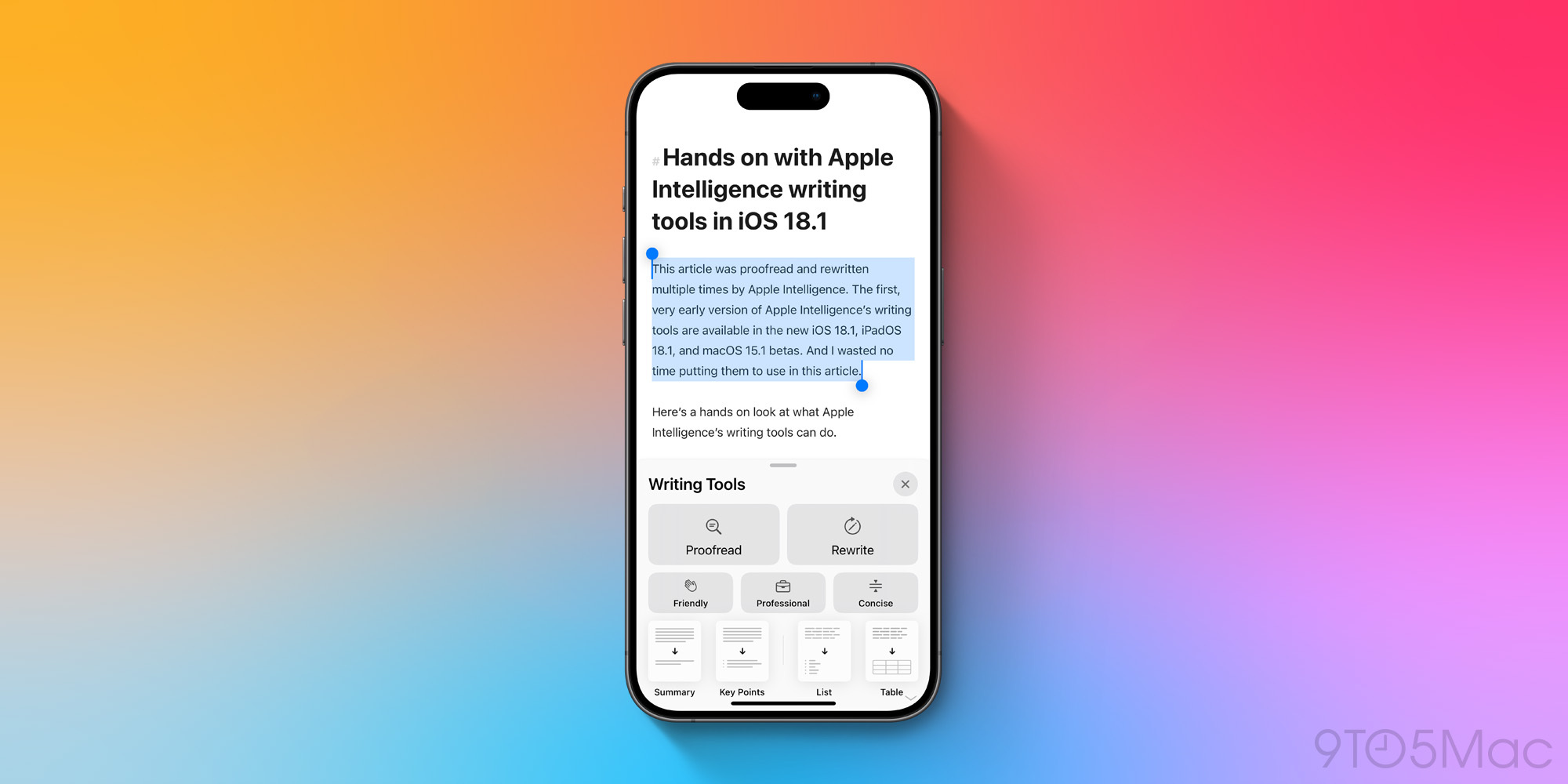 Apple Intelligence writing tools in iOS 18.1