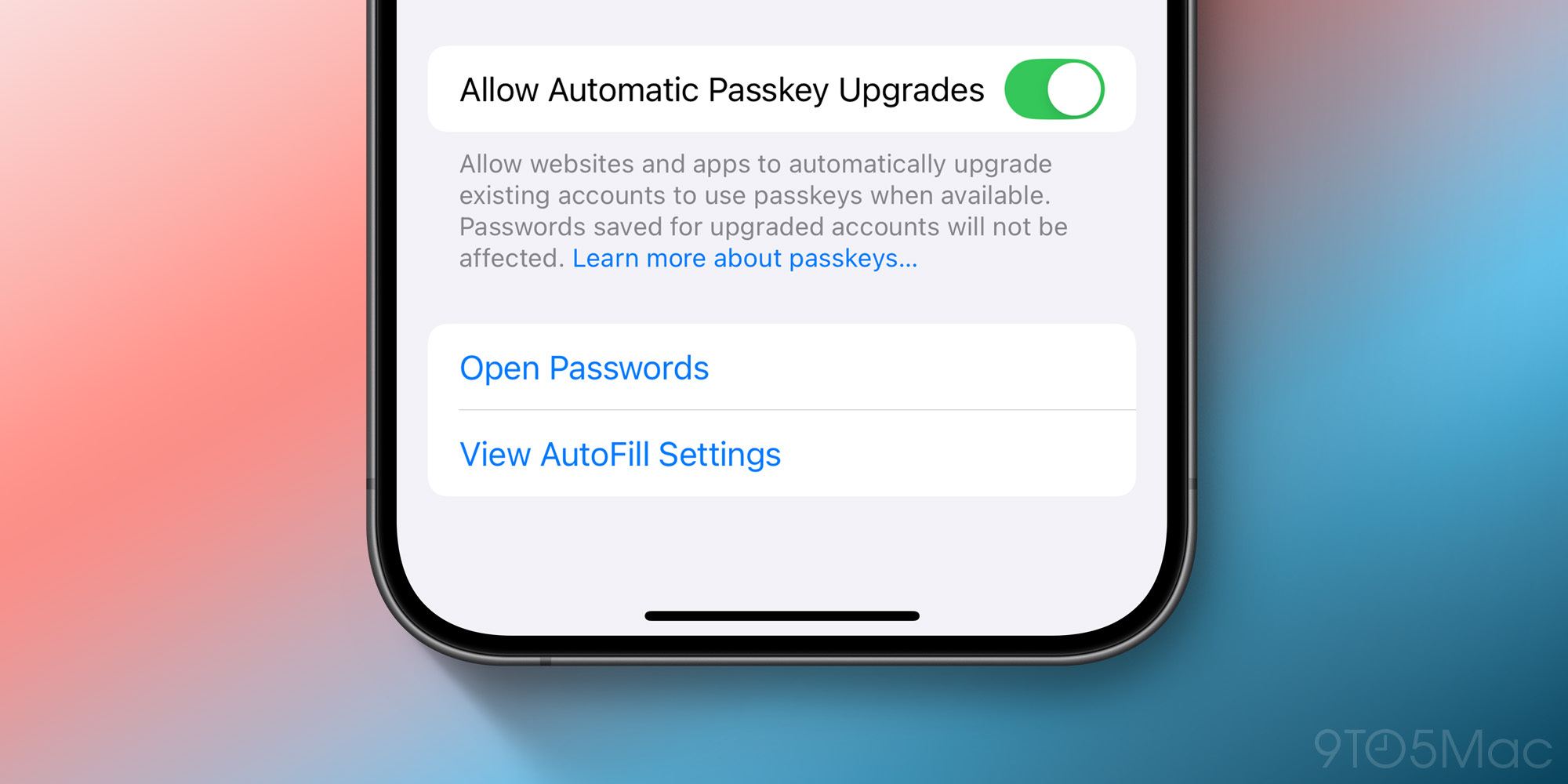Passwords automatic passkey upgrades