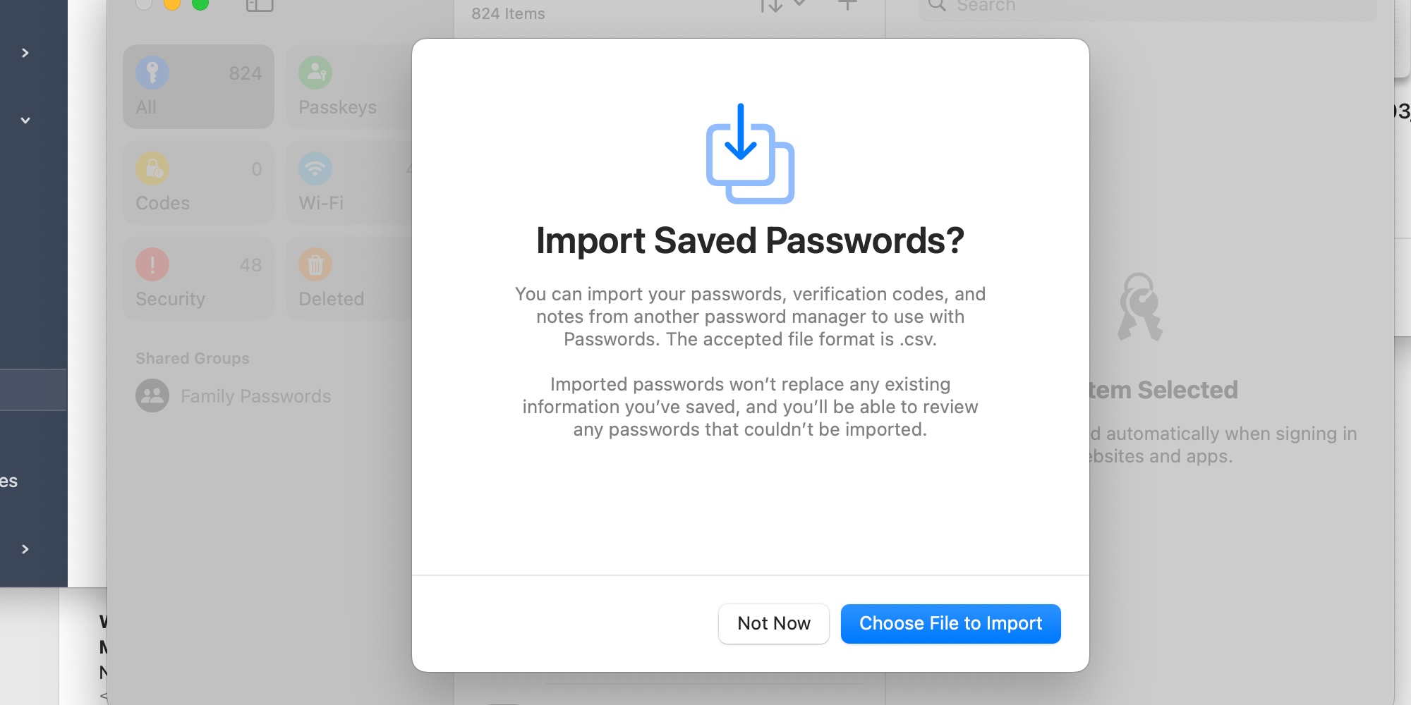 Passwords importer in macOS Sequoia