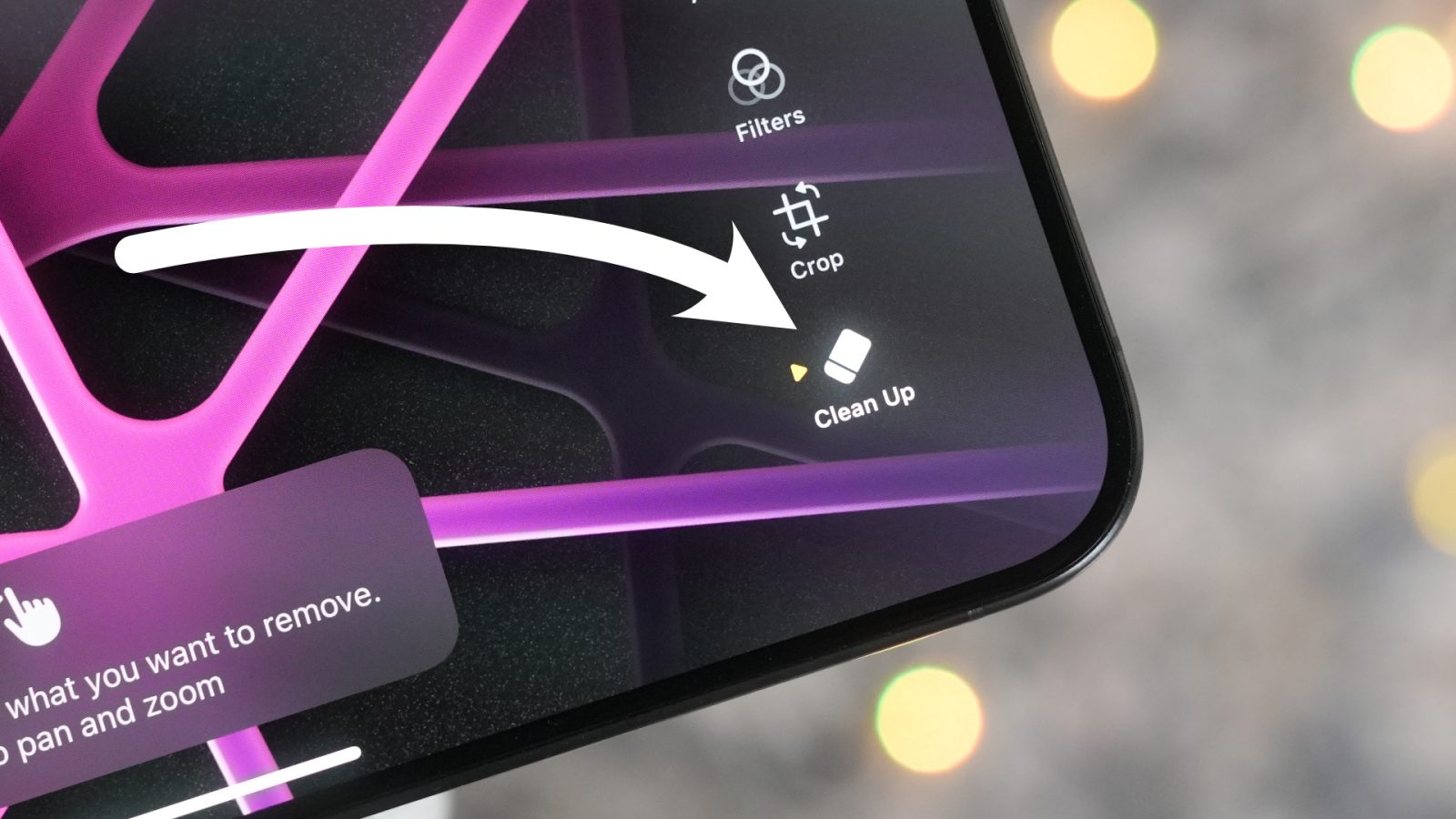 A close up shot of the Clean Up button in the Photos app editing mode in iOS 18.1 Beta 3