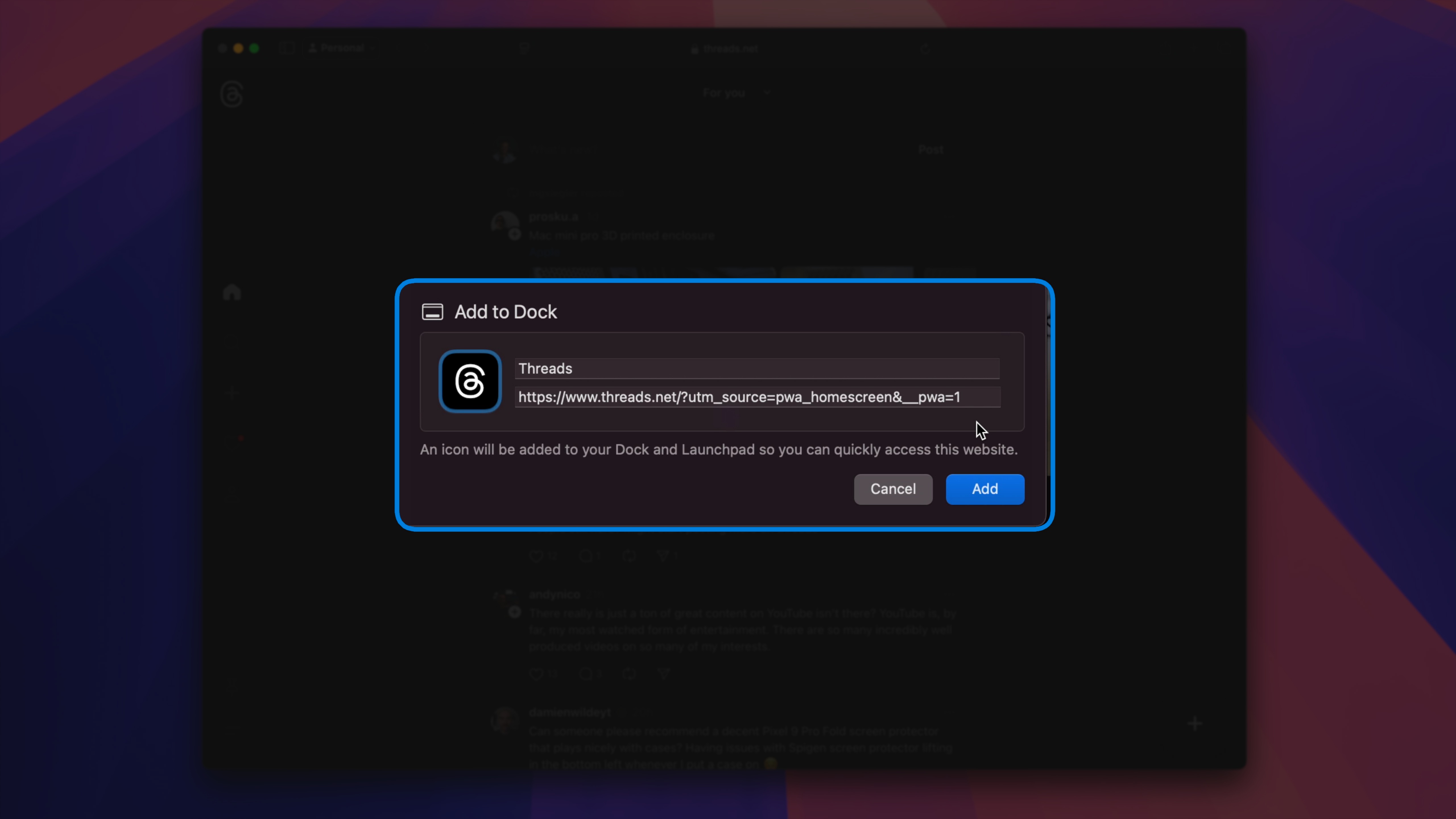 Adding a web app to the dock in macOS Sequoia