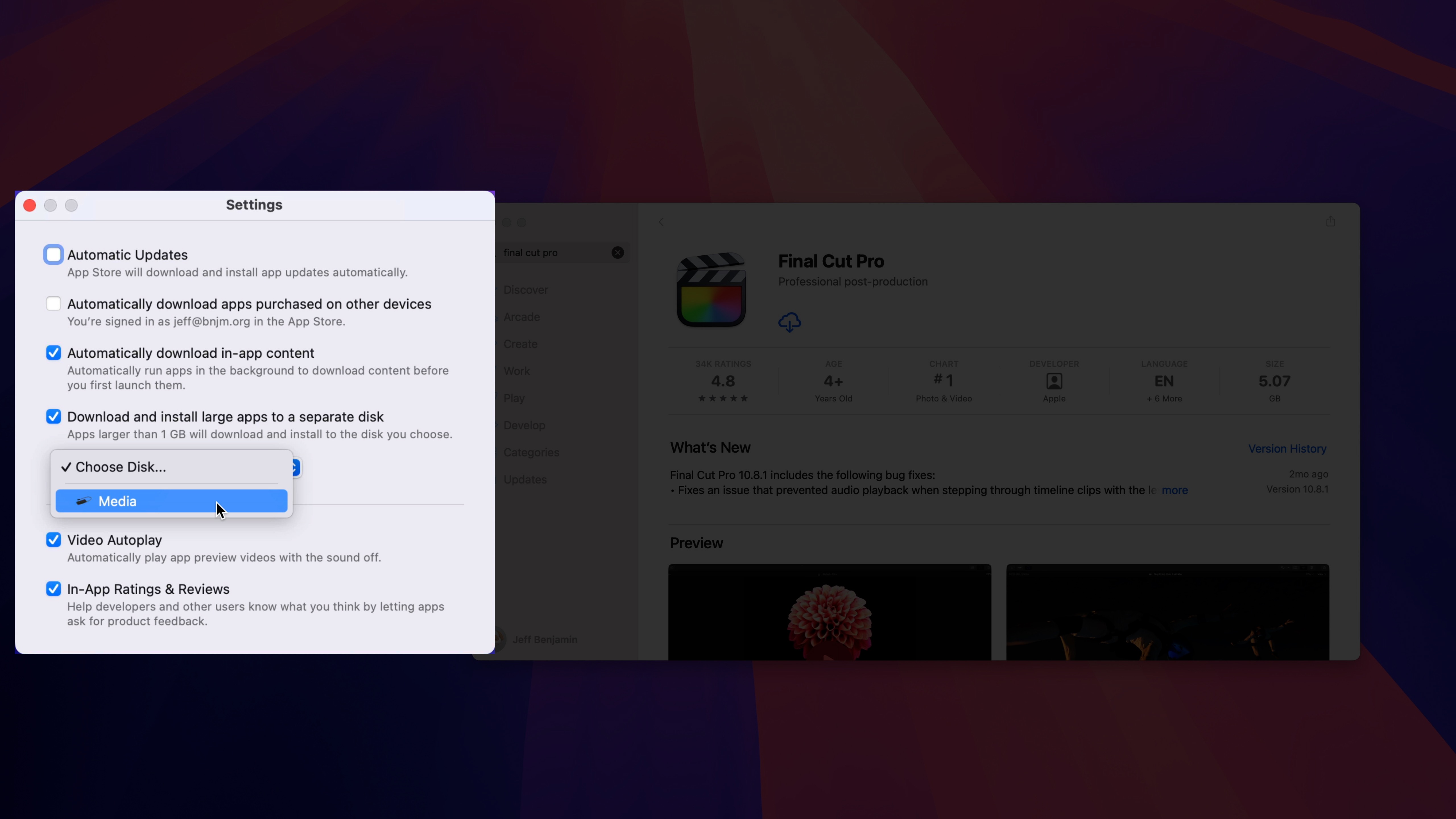 Setting to install Mac App Store Apps to an external drive.