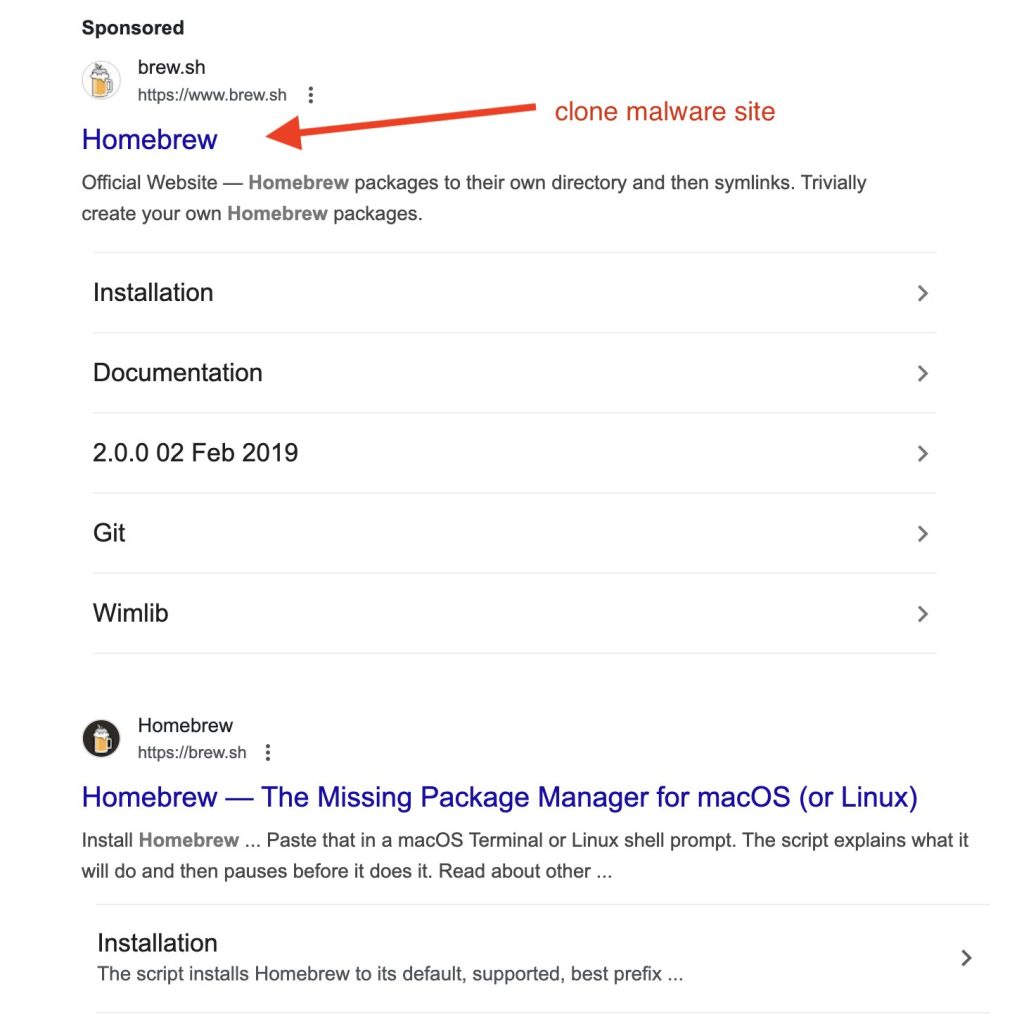 Fake Homebrew Google ad site malicious malware security