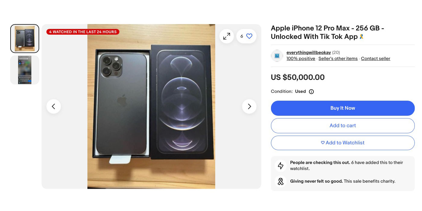 eBay sellers asking $2k to $50k for iPhones with TikTok installed | Screengrab of $50k listing