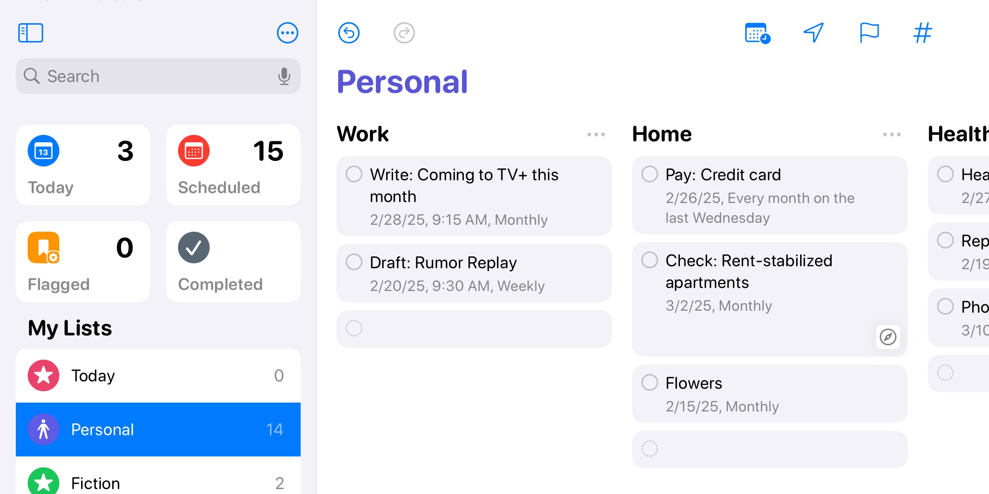 Reminders app Columns