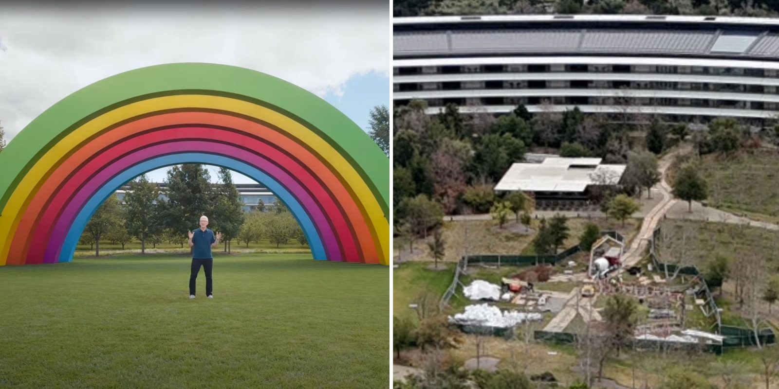 Apple Park rainbow stage gone, but reportedly being rebuilt | Arches left, empty site right