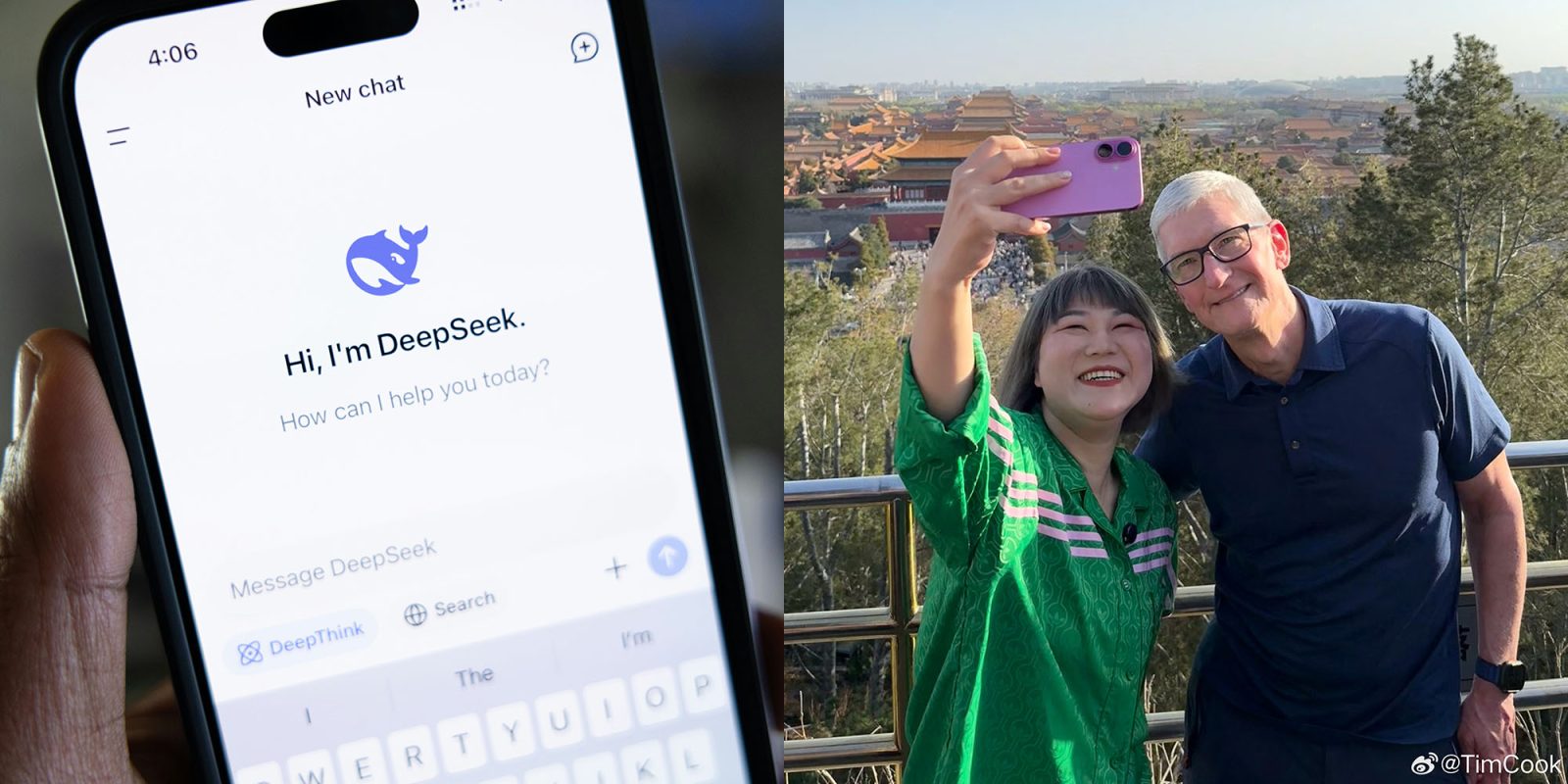 Tim Cook says China's DeepSeek AI is 'excellent' during visit to country | DeepSeek seen on an iPhone (left), Tim Cook seen in China (right)