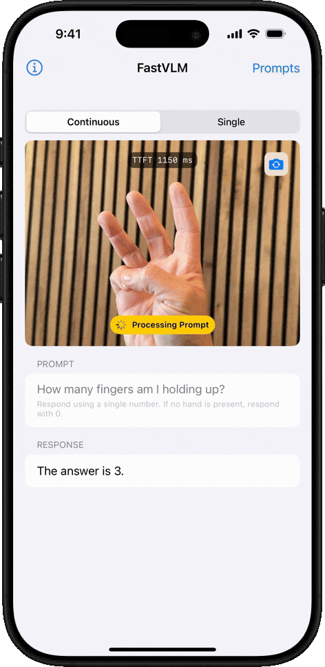 FastVLM correctly identifies how many fingers the user is holding up.