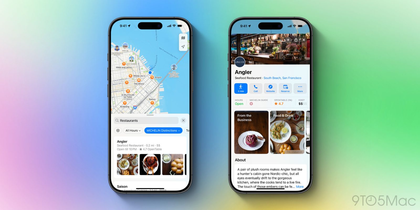 New Apple Maps interface with Michelin distinctions.