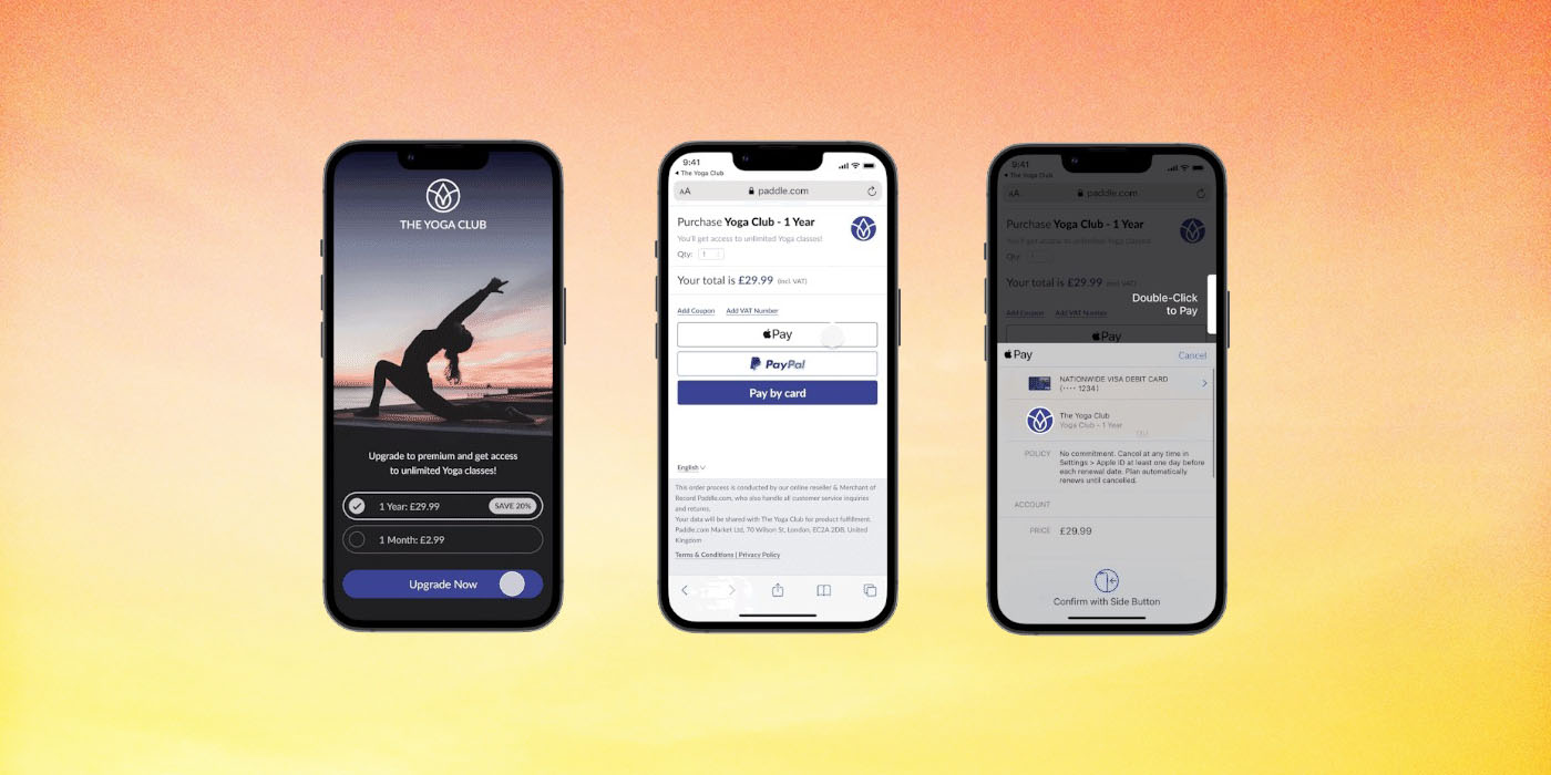 Alternative in-app purchase system supports Apple Pay (screengrabs of the flow shown)
