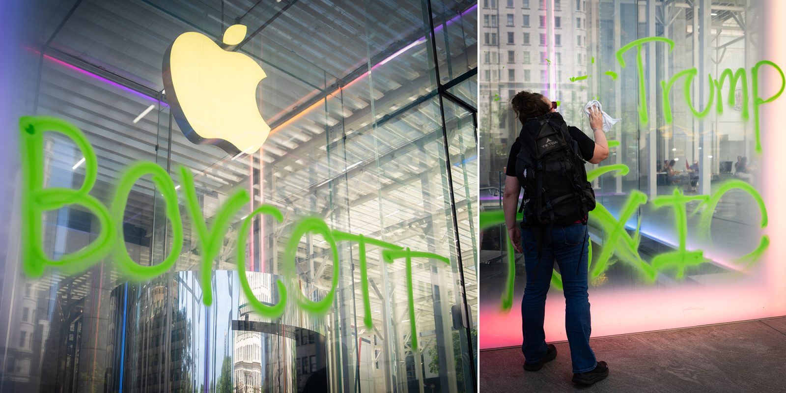 5th Avenue Apple Store spray-painted by protesters calling for company to 'dump Trump' | Photos show 'Boycott' on left and cleaning on the right