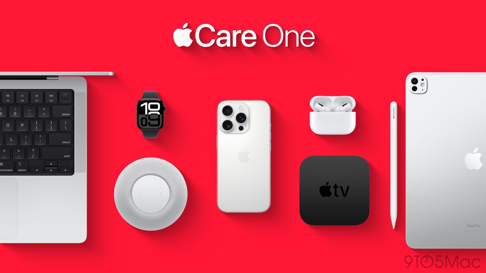 Everything you need to know about AppleCare One | Apple promo image, but with red background