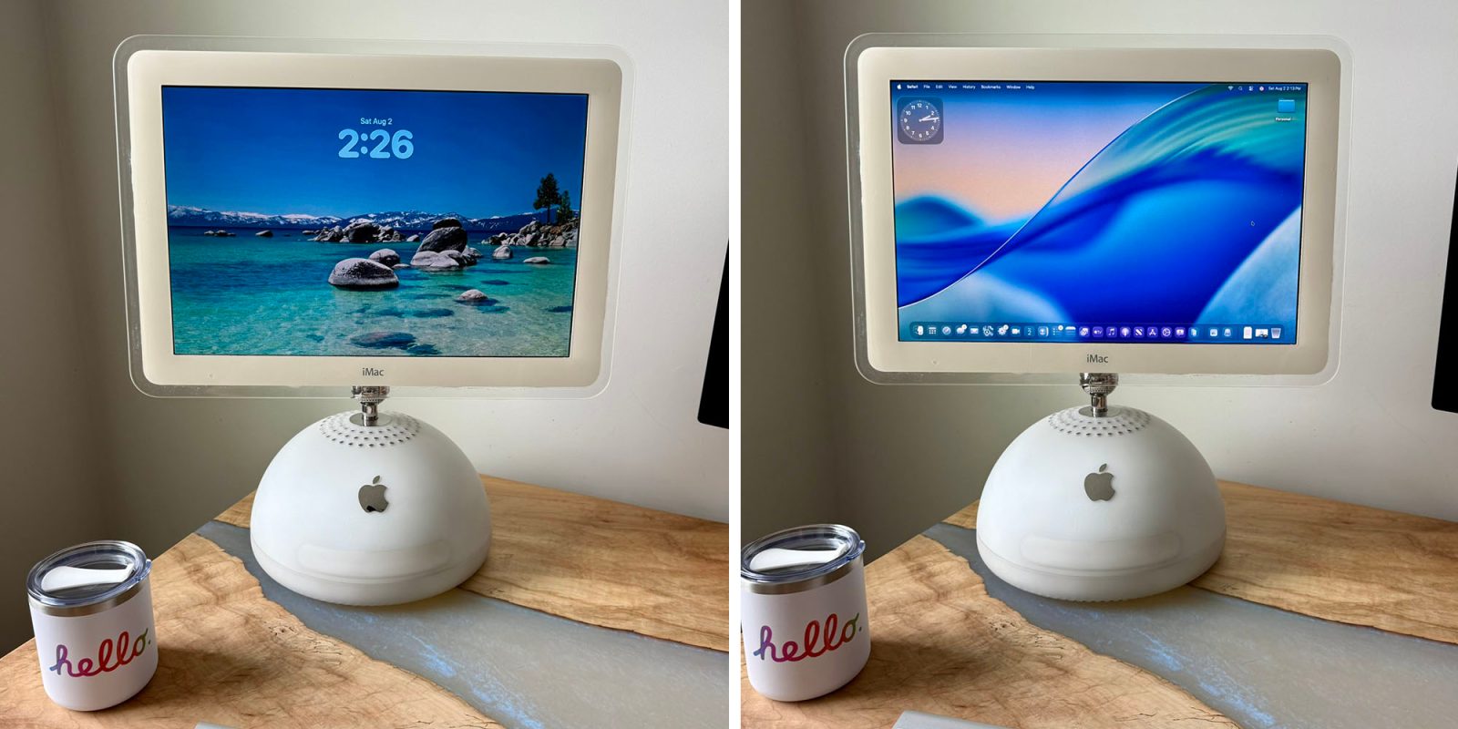 Liquid Glass on an iMac G4 may be the cutest thing you see today | Two photos shown