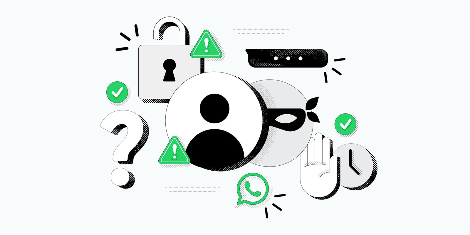 Meta introduces new tools to help identify scam messages on WhatsApp | Cartoon-style promo graphic with padlocks and a masked figure