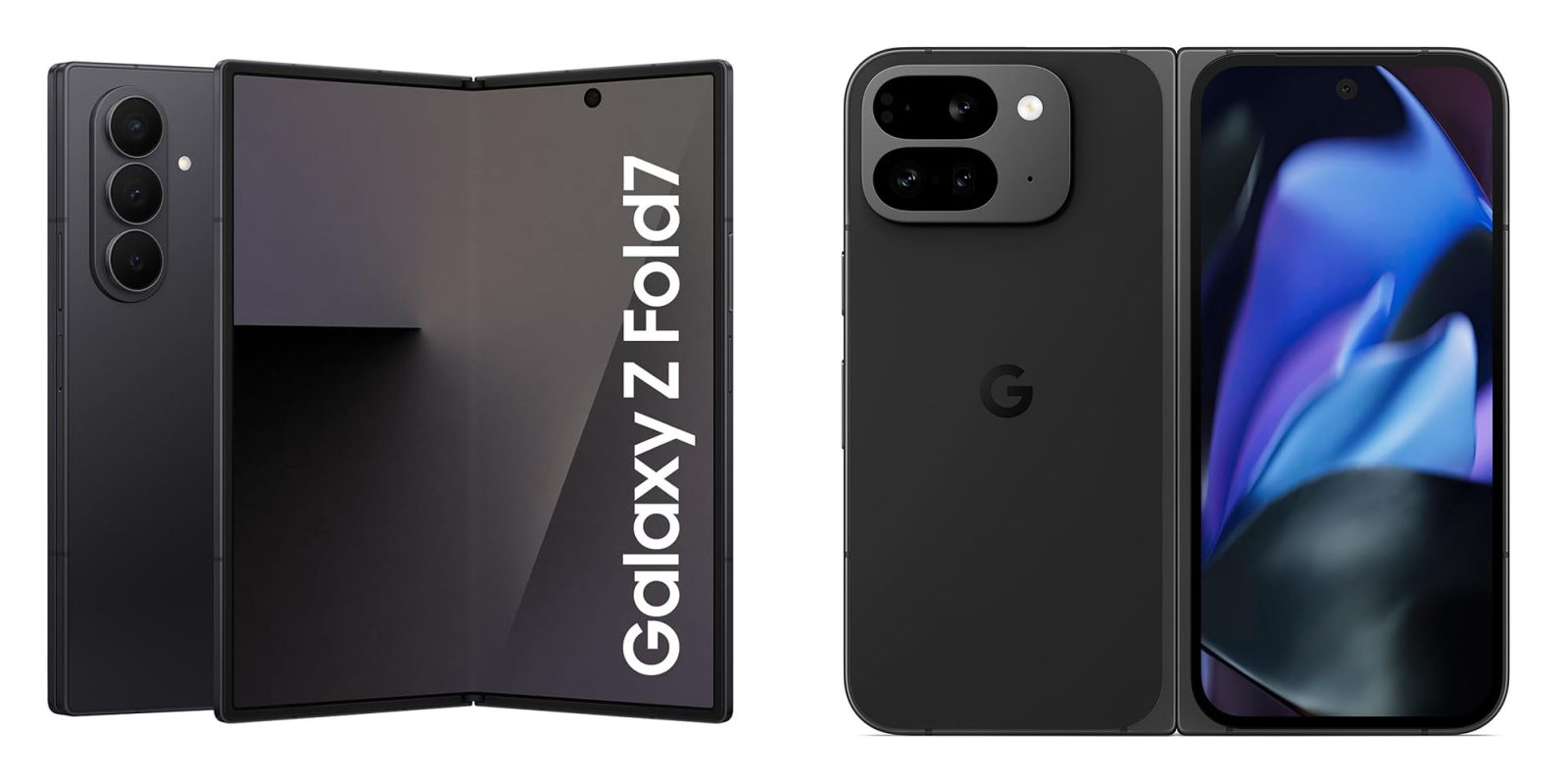 2025 folding phones | Samsung Galaxy Z Fold 7 (left), Pixel Pro Fold 9 (right)