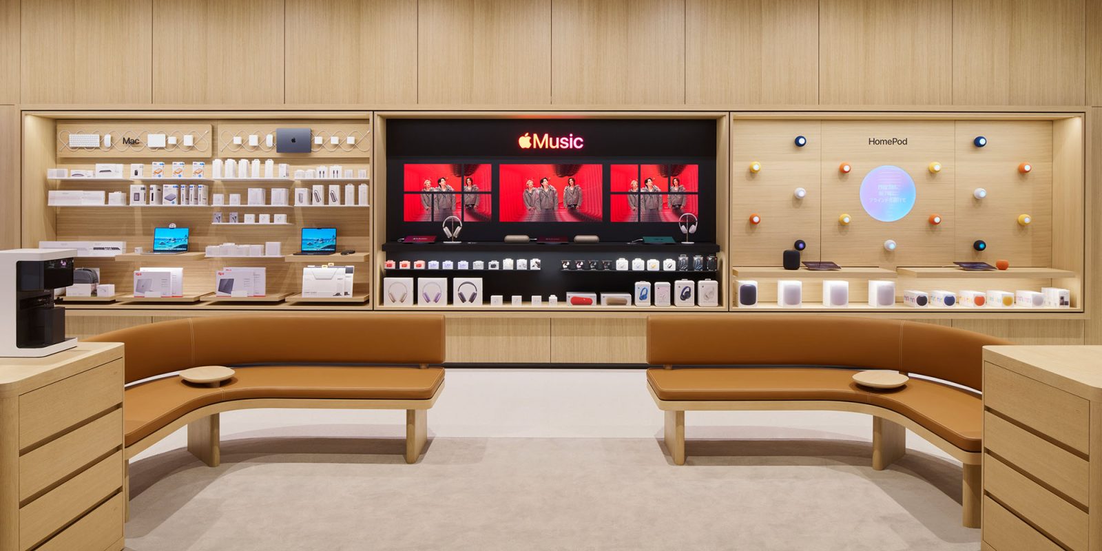 Apple Ginza store reopens on Friday with 'all-new design' | Interior photo showing curved bench seating