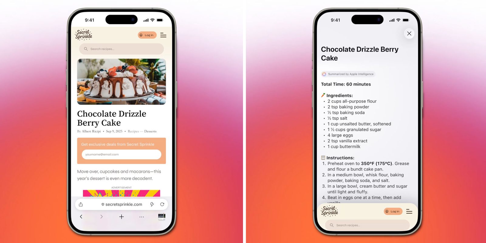 'Shake to summarize' a webpage in Firefox when running iOS 26 (screengrabs shown of before and after)