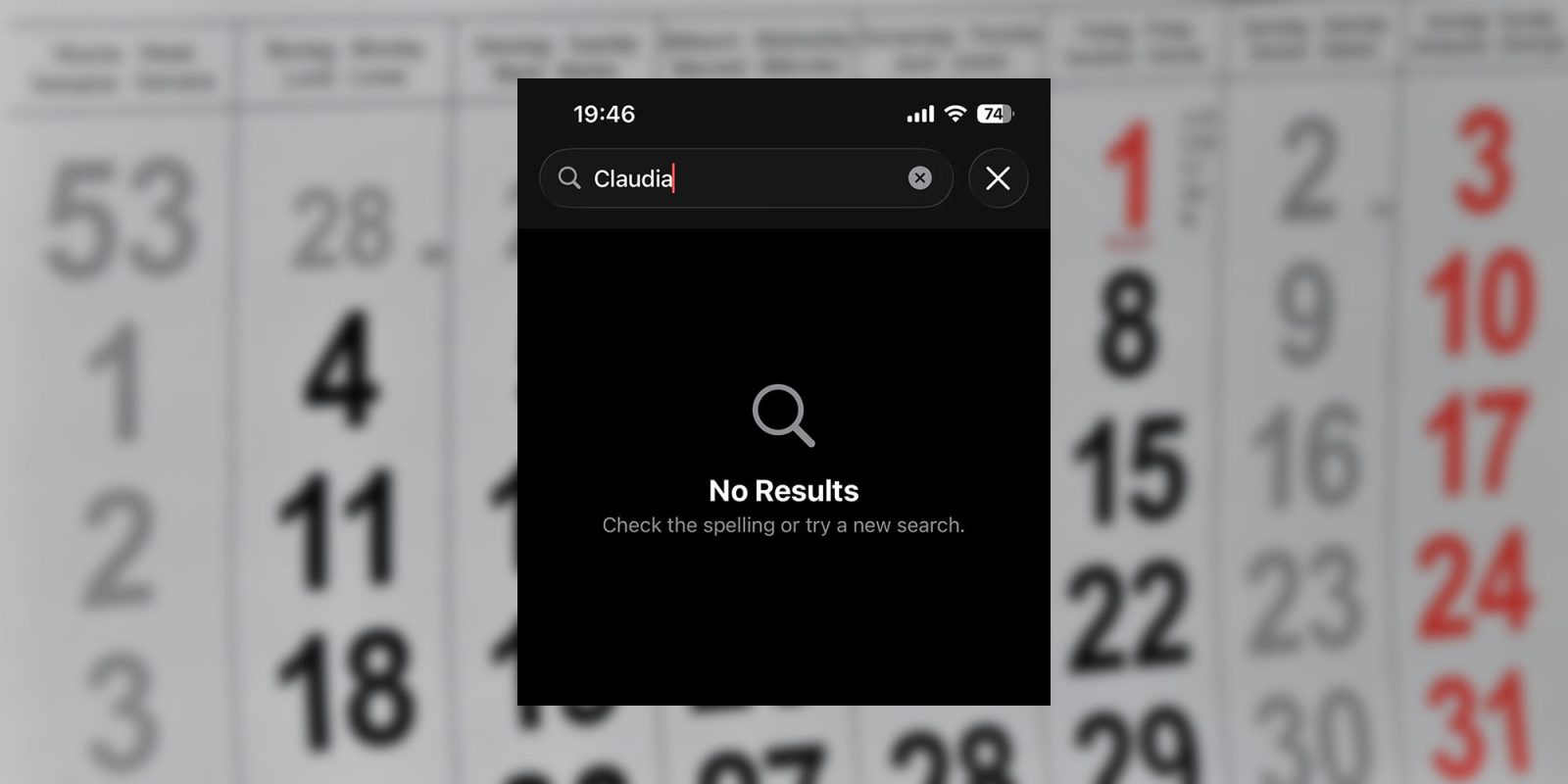 Some users report that search is broken in iOS 26 Apple Calendar app | Screengrab of failed search over blurred calendar image
