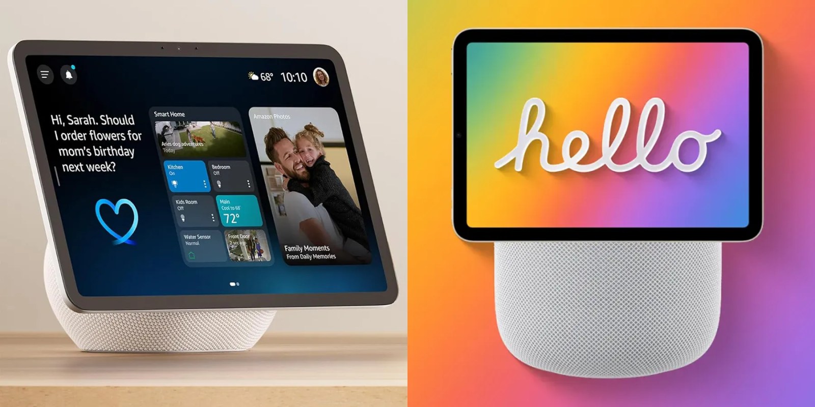 Amazon announces smarter Echo Show (left) as we await HomePod Touch/HomePad (render, right)