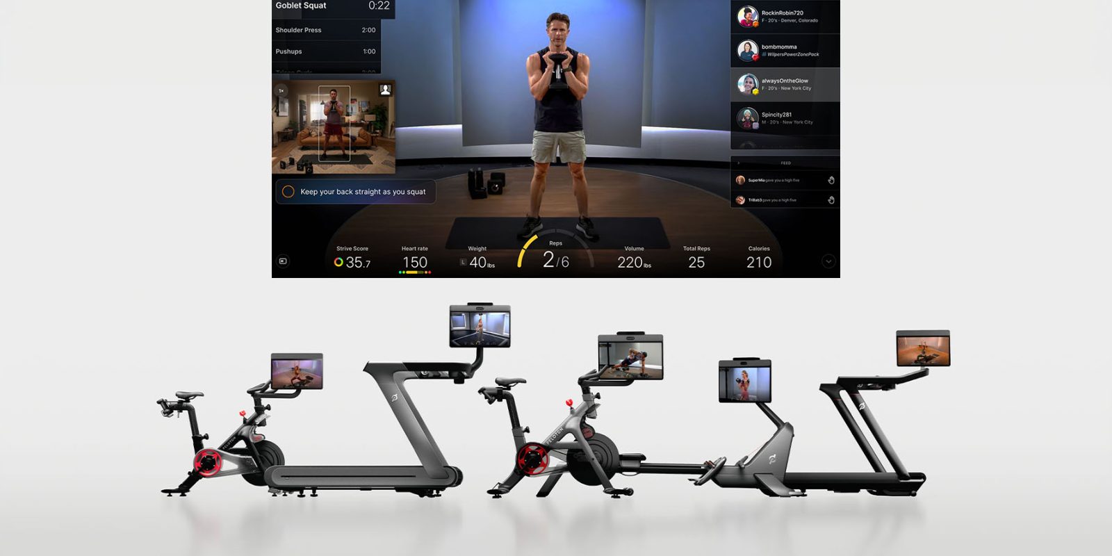 Peloton completely revamps its hardware (shown) and of course adds AI features (screenshot inset)