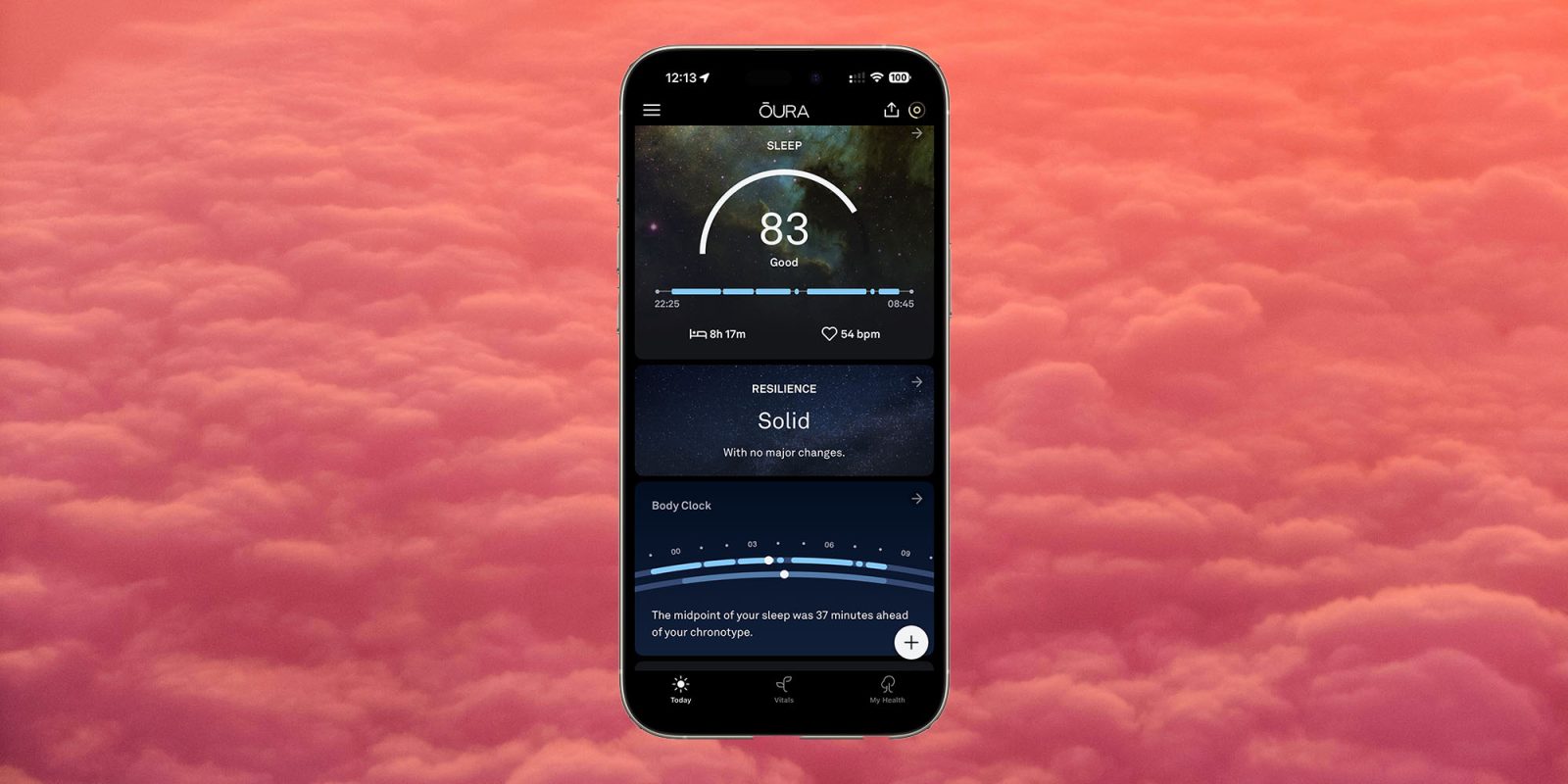 The latest Oura smart ring app has lessons for Apple's health app | Screengrab on pink sunset clouds background