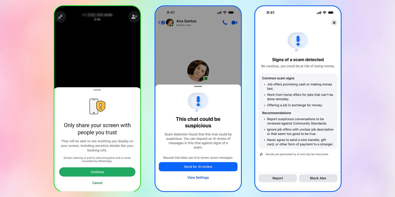 WhatsApp will now warn scam victims against screen-sharing bank details | Screen grabs of new warning screens in WhatsApp and Facebook Messenger