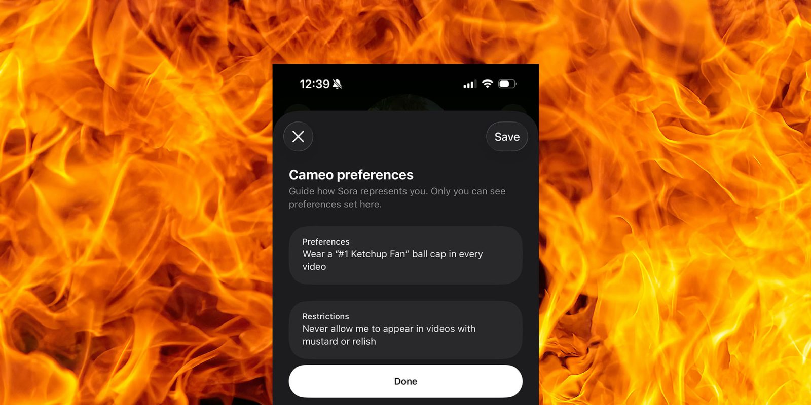 When people create Sora deepfakes of you, you can now set limits | Screengrab shown on fire background