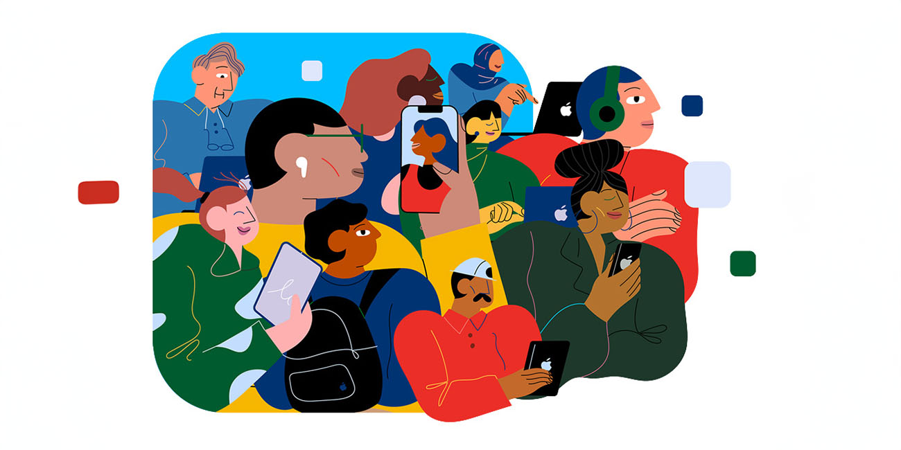 Apple says study proves the EU is wrong about lowering app prices | Apple comic-style graphic showing people using iDevices