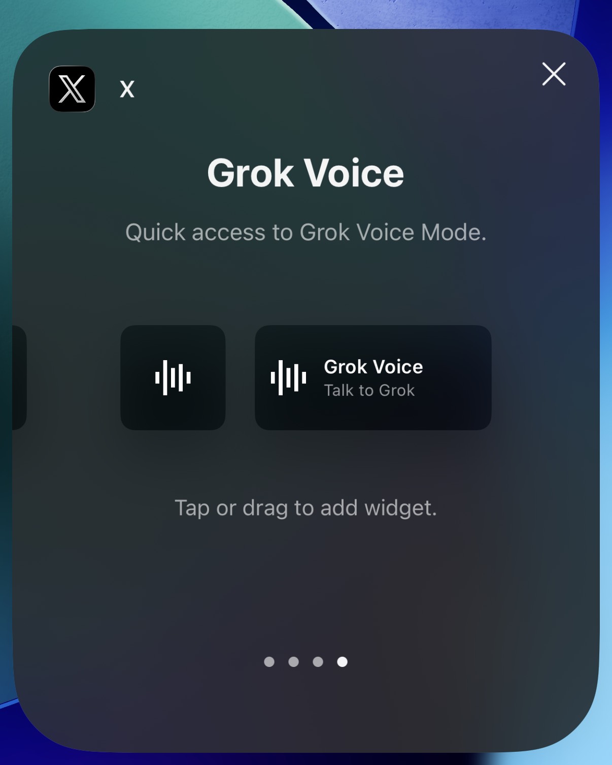 The "Grok Voice" Lock Screen widget, which shows the Grok voice icon and "Talk to Grok".