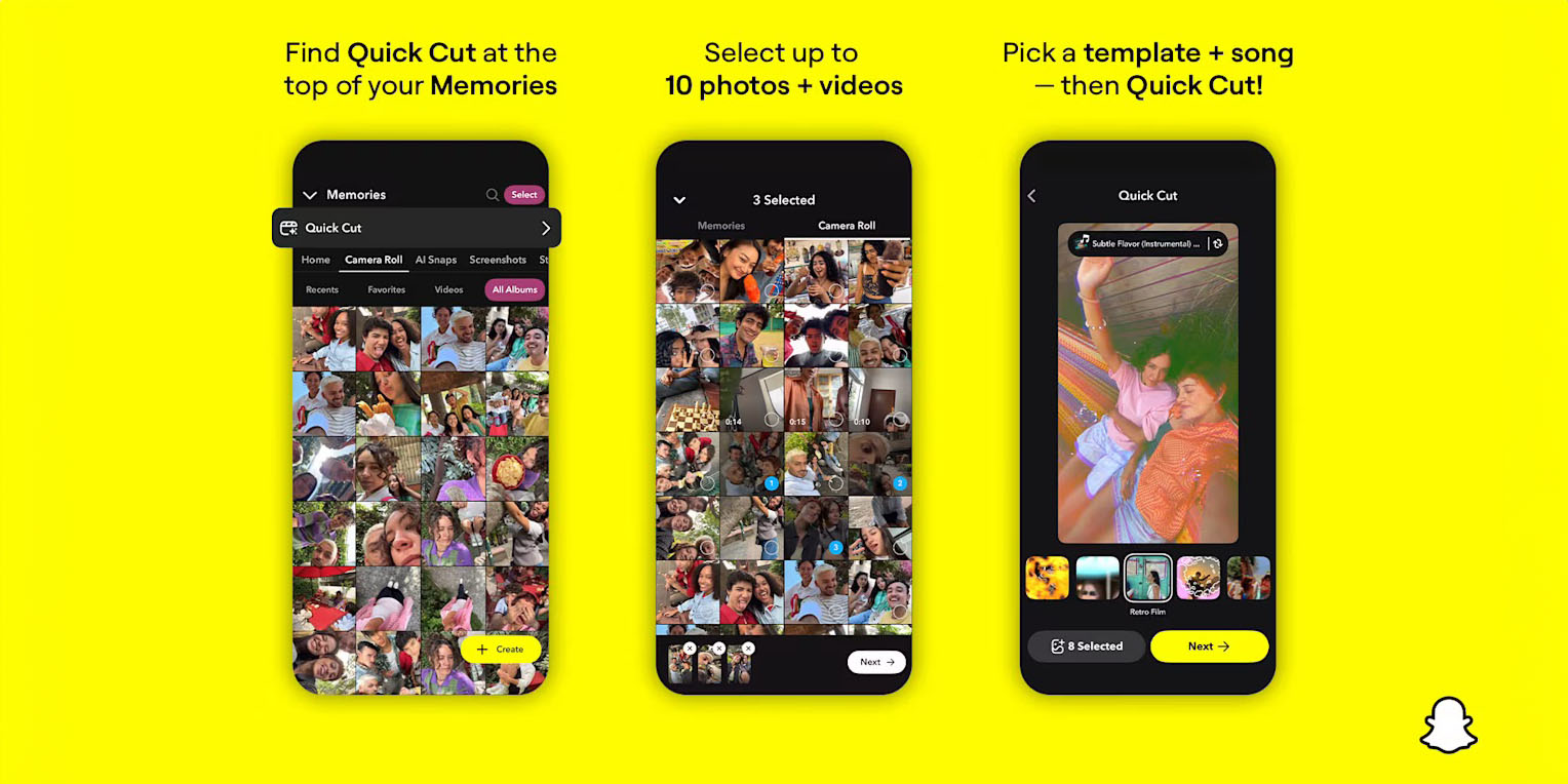 Snapchat Quick Cut automatically creates music-synced videos in seconds | Screen grabs shown