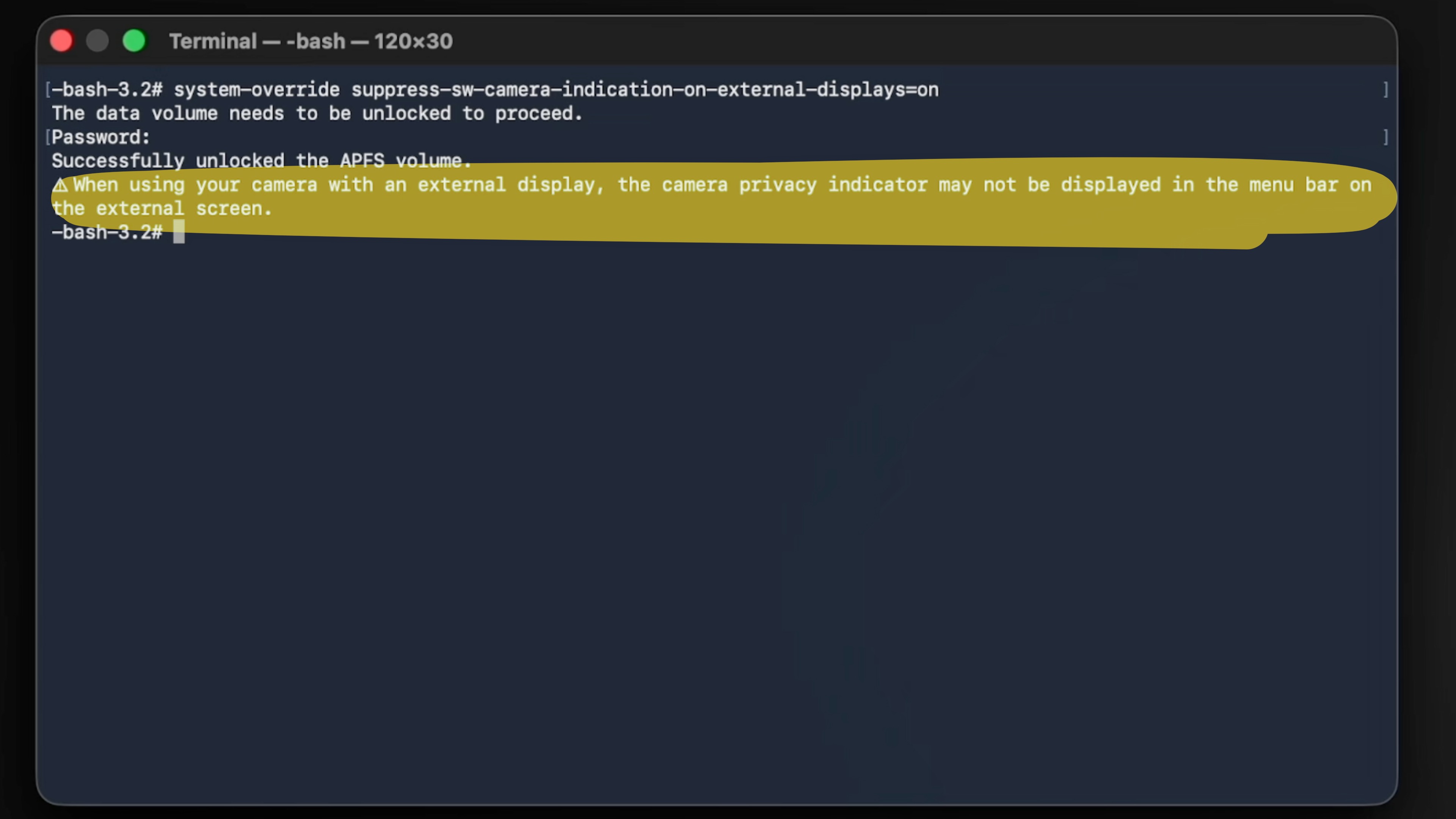 Terminal command for disabling privacy indicators on external displays